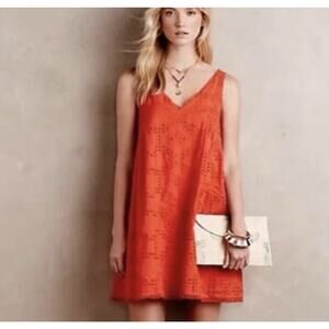 Maeve Anthropologie Orange Red Eyelet Shift Summer Cottage Sundress In Medium P